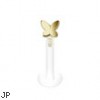 Bioplast labret stud with 14K gold butterfly top, 16 ga