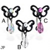 Black butterfly reversed belly ring with dangling stone
