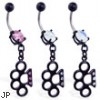 Black coated jeweled belly ring with dangling jeweled brass knuckles