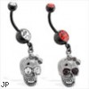 Black Coated Jeweled Navel Ring with Dangling Girly Skull