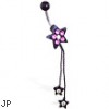 Black coated jeweled star navel ring with dangling stars on chains