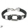 Black Leather Bracelet With Steel Link Center Accent