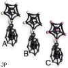 Black reversed web belly ring with dangling spider on web