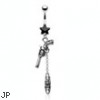 Black star navel ring with dangling skull bullet and gun