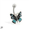 Blue and black butterfly belly ring