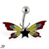 Butterfly navel ring with star and multi-color wings