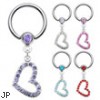 Captive Bead Ring With Dangling Jeweled Heart, 14 Ga