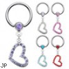 Captive Bead Ring With Dangling Jeweled Heart, 14 Ga