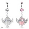 Cats Eye Owl with Gemmed Wings Glasses And Crown Dangle Surgical Steel Navel Ring