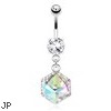 Cube Prism Gem Encased By Paved Gems Dangle Surgical Steel Navel Ring