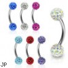 Curved barbell with crystal paved gem balls, 16 ga
