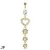 CZ Paved Heart with String Of Circular CZ Dangle Gold Tone Navel Ring