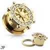 CZ Paved Yacht Wheel Top Gold IP Over 316L Surgical Steel Screw Fit Flesh Tunnels; PAIR