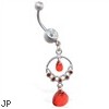 Dangling chandelier belly ring with red stones