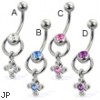 Door knocker belly button ring with dangling 4-petal flower