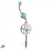 Double jeweled aqua belly ring with dangling dream catcher and feather