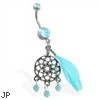 Double jeweled aqua belly ring with dangling dream catcher and feather