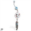 Double jeweled aqua belly ring with dangling dream catcher and feather