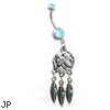 Double jeweled aqua belly ring with dangling indian face coin and feathers