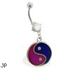 Double jeweled belly ring with dangling color changing ying-yang