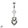 Double Jeweled Black Coated Heart Belly Ring, 14Ga