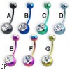 Double jeweled titanium anodized belly button ring, 16 ga