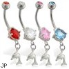 Double jewelry belly ring with small dangling dolphin