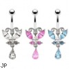 Fancy butterfly belly ring with jeweled teardrop dangle