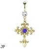 Fleur De Lis Cross with Centered Blue Gem Dangle Gold Tone Navel Ring