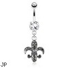 Fleur De Lis Paved with CZ Dangle Surgical Steel Navel Ring