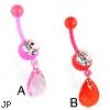 Flexible bioplast belly ring with dangling teardrop stone