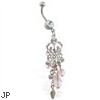 Flower chandelier dangling jeweled belly ring with pink stones