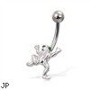 Frog belly button ring with green jeweled eyes