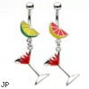 Fruit navel ring with dangling flaming martini glass