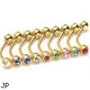 Gold Tone 3/8"(10mm) long eyebrow ring with jeweled CZ balls, 16 ga