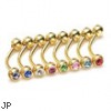 Gold Tone 5/16"(8mm) long eyebrow ring with jeweled CZ balls, 16 ga