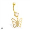 Gold Tone belly button ring with dangling butterfly