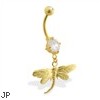 Gold Tone belly button ring with dangling dragonfly