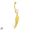 Gold Tone belly button ring with dangling feather