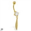 Gold Tone belly button ring with dangling feather