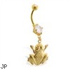 Gold Tone belly button ring with dangling frog