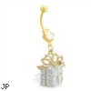 Gold Tone Belly Button Ring With Dangling Glittery Present