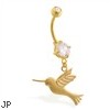 Gold Tone belly button ring with dangling humming bird