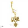 Gold Tone belly button ring with dangling Love and Heart