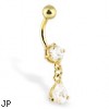 Gold Tone belly button ring with dangling teardrop