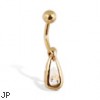 Gold Tone belly button ring with teardrop gem in a frame