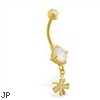 Gold Tone belly button ring with tiny dangling clover