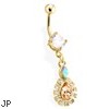 Gold Tone Belly Ring with Dangling Bordered Teardrop