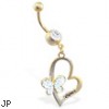 Gold Tone belly ring with dangling heart with jeweled butterfly and engraved "Love"
