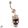 Gold Tone belly ring with dangling jeweled crowned black skull